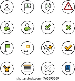 line vector icon set - stamp vector, dollar flag, pin, attention road sign, user login, check, delete cross, flags, stars, jalousie, abc book