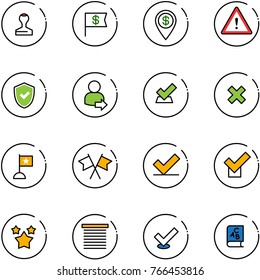 line vector icon set - stamp vector, dollar flag, pin, attention road sign, shield check, user login, delete cross, flags, stars, jalousie, abc book