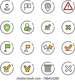 line vector icon set - stamp vector, dollar flag, pin, attention road sign, shield check, user, delete cross, flags, stars, jalousie
