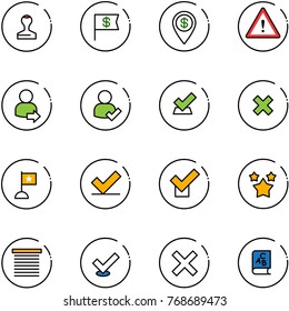line vector icon set - stamp vector, dollar flag, pin, attention road sign, user login, check, delete cross, stars, jalousie, abc book