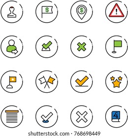 line vector icon set - stamp vector, dollar flag, pin, attention road sign, user login, check, delete cross, flags, stars, jalousie, abc book