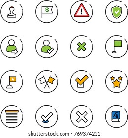 line vector icon set - stamp vector, dollar flag, attention road sign, shield check, user login, delete cross, flags, stars, jalousie, abc book