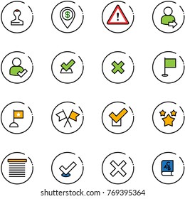 line vector icon set - stamp vector, dollar pin, attention road sign, user login, check, delete cross, flag, flags, stars, jalousie, abc book