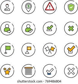 line vector icon set - stamp vector, dollar pin, attention road sign, shield check, user login, delete cross, flag, flags, stars, jalousie
