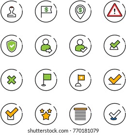 line vector icon set - stamp vector, dollar flag, pin, attention road sign, shield check, user login, delete cross, stars, jalousie