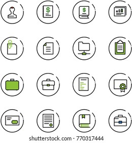line vector icon set - stamp vector, annual report, statistics, attachment, document, network folder, clipboard, case, portfolio, certificate, envelope, agreement, book