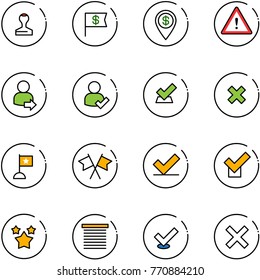 line vector icon set - stamp vector, dollar flag, pin, attention road sign, user login, check, delete cross, flags, stars, jalousie