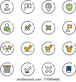 line vector icon set - stamp vector, dollar flag, pin, shield check, user login, delete cross, flags, stars, jalousie, abc book
