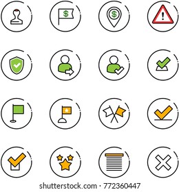 line vector icon set - stamp vector, dollar flag, pin, attention road sign, shield check, user login, flags cross, stars, jalousie, delete