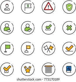 line vector icon set - stamp vector, dollar flag, attention road sign, shield check, user login, delete cross, flags, stars, jalousie, abc book