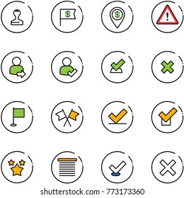 line vector icon set - stamp vector, dollar flag, pin, attention road sign, user login, check, delete cross, flags, stars, jalousie