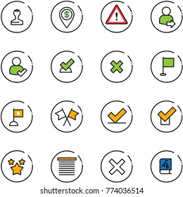 line vector icon set - stamp vector, dollar pin, attention road sign, user login, check, delete cross, flag, flags, stars, jalousie, abc book