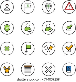 line vector icon set - stamp vector, dollar flag, pin, attention road sign, shield check, user login, delete cross, flags, stars, jalousie, abc book