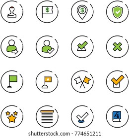 line vector icon set - stamp vector, dollar flag, pin, shield check, user login, delete cross, flags, stars, jalousie, abc book