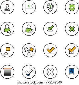 line vector icon set - stamp vector, dollar flag, pin, shield check, user login, delete cross, flags, jalousie, abc book