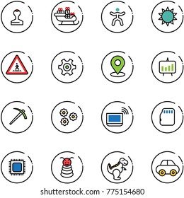 line vector icon set - stamp vector, santa sleigh, gymnastics, sun, pedestrian road sign, gear, map pin, presentation chart, job, flower, notebook wi fi, micro flash card, cpu, pyramid toy, dinosaur