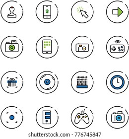 line vector icon set - stamp vector, mobile payment, cursor, right arrow, camera, photo, joystick wireless, fingerprint scanner, cd, binary code, clock, record button, server