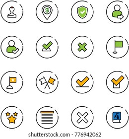 line vector icon set - stamp vector, dollar pin, shield check, user login, delete cross, flag, flags, stars, jalousie, abc book