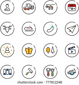 line vector icon set - stamp vector, fork loader, helicopter, christmas calendar, deer, snowmobile, eggplant, paper plane, star man, butterfly, forest, movie flap, battery, paint roller, shovel toy