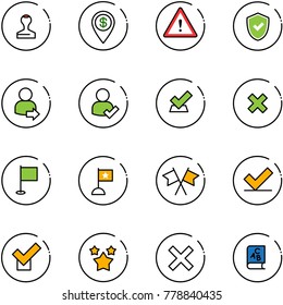 line vector icon set - stamp vector, dollar pin, attention road sign, shield check, user login, delete cross, flag, flags, stars, abc book