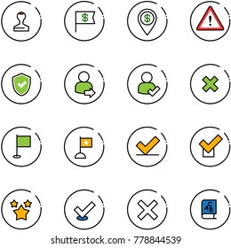 line vector icon set - stamp vector, dollar flag, pin, attention road sign, shield check, user login, delete cross, stars, abc book