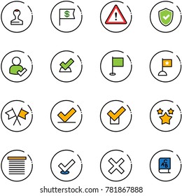 line vector icon set - stamp vector, dollar flag, attention road sign, shield check, user, flags cross, stars, jalousie, delete, abc book