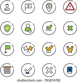 line vector icon set - stamp vector, dollar flag, pin, attention road sign, shield check, user login, delete cross, flags, stars, jalousie, abc book