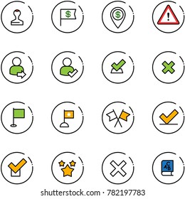 line vector icon set - stamp vector, dollar flag, pin, attention road sign, user login, check, delete cross, flags, stars, abc book