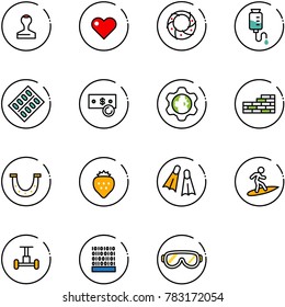 line vector icon set - stamp vector, heart, christmas wreath, drop counter, pills blister, cash, gear globe, brick wall, luck, strawberry, flippers, surfing, gyroscope, binary code