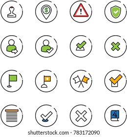 line vector icon set - stamp vector, dollar pin, attention road sign, shield check, user login, delete cross, flag, flags, jalousie, abc book