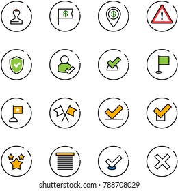 line vector icon set - stamp vector, dollar flag, pin, attention road sign, shield check, user, flags cross, stars, jalousie, delete