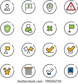 line vector icon set - stamp vector, dollar flag, pin, attention road sign, shield check, user login, delete cross, flags, stars, jalousie, abc book