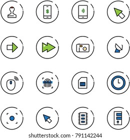 line vector icon set - stamp vector, mobile payment, cursor, right arrow, fast forward, photo, satellite antenna, mouse wireless, fingerprint scanner, sim, clock, record button, chip, server