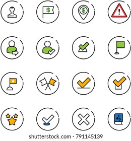 line vector icon set - stamp vector, dollar flag, pin, attention road sign, user login, check, flags cross, stars, delete, abc book