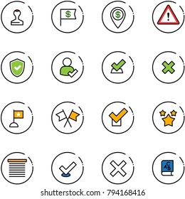 line vector icon set - stamp vector, dollar flag, pin, attention road sign, shield check, user, delete cross, flags, stars, jalousie, abc book