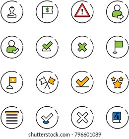 line vector icon set - stamp vector, dollar flag, attention road sign, user login, check, delete cross, flags, stars, jalousie, abc book