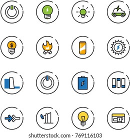 line vector icon set - standby vector, idea, bulb, electric car, business, fire, drink, sun power, water plant, button, battery, connect, oil derrick, generator
