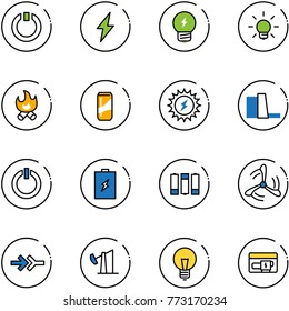 line vector icon set - standby vector, lightning, idea, bulb, fire, drink, sun power, water plant, button, battery, wind mill, connect, oil derrick, generator