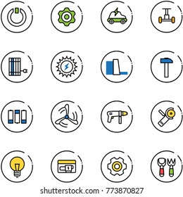 line vector icon set - standby vector, gear, electric car, gyroscope, sun panel, power, water plant, hammer, battery, wind mill, drill machine, Angular grinder, bulb, generator, shovel fork toy