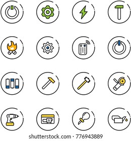 line vector icon set - standby vector, gear, lightning, work, fire, remote control, button, battery, hammer, sledgehammer, Angular grinder, drill, generator, oiler