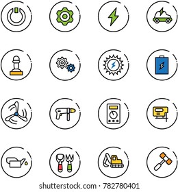 line vector icon set - standby vector, gear, lightning, electric car, pawn, sun power, battery, wind mill, drill machine, multimeter, jig saw, oiler, shovel fork toy, excavator, hammer