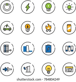 line vector icon set - standby vector, lightning, idea, bulb, electric car, business, fire, drink, sun panel, water power plant, battery, connect, oil derrick, generator