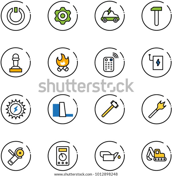 line vector icon set - standby vector, gear, electric\
car, work, pawn, fire, remote control, power bank, sun, water\
plant, sledgehammer, wood drill, Angular grinder, multimeter,\
oiler, excavator toy