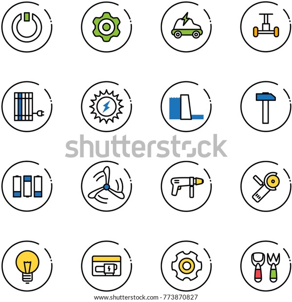 line vector icon set - standby vector, gear, electric\
car, gyroscope, sun panel, power, water plant, hammer, battery,\
wind mill, drill machine, Angular grinder, bulb, generator, shovel\
fork toy