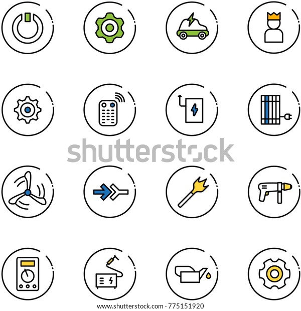 line vector icon set\
- standby vector, gear, electric car, king, remote control, power\
bank, sun panel, wind mill, connect, wood drill, machine,\
multimeter, welding,\
oiler