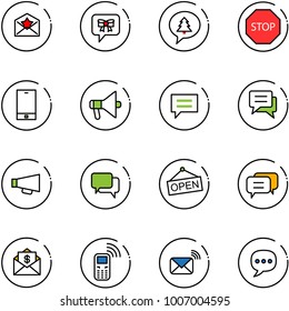 line vector icon set - star letter vector, bow message, merry christmas, stop road sign, phone, loudspeaker, chat, dialog, open, mail dollar, mobile, wireless