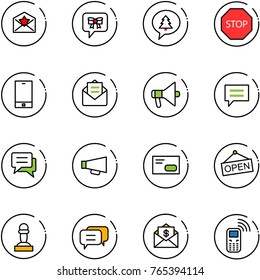 line vector icon set - star letter vector, bow message, merry christmas, stop road sign, phone, opened mail, loudspeaker, chat, envelope, open, pawn, dialog, dollar, mobile