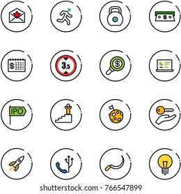 line vector icon set - star letter vector, run, weight, cash, finance calendar, limited height road sign, search money, statistics monitor, ipo, success, moon flag, key hand, rocket, phone, sickle