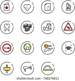 line vector icon set - star postcard vector, heart pulse, diet list, lab, tooth, big cash, investment, multi lane traffic road sign, no overtake, man globe, key hand, eye scanner, crown drill, dryer
