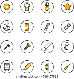 line vector icon set - star medal vector, gold, anchor, drink, plumber, bolt cutter, screw, metal hacksaw, winch, tool cabinet, work knife, allen key set, awl